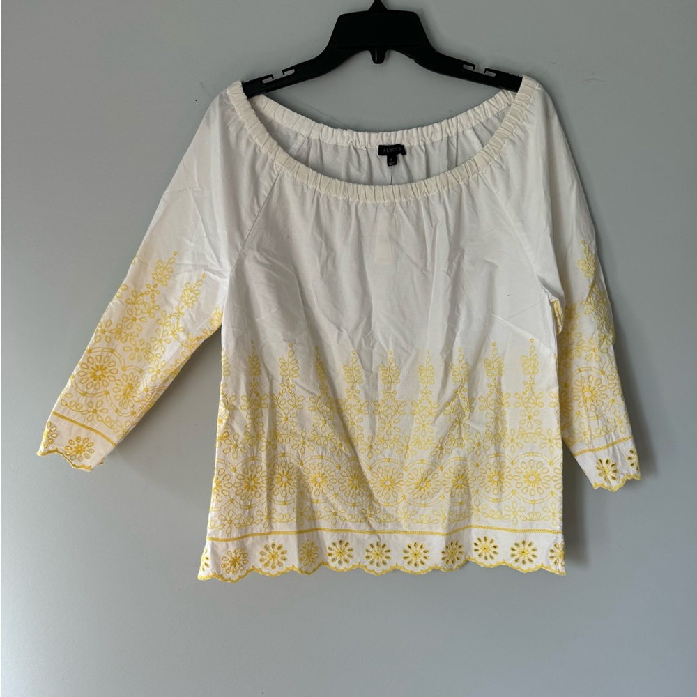 NWT Talbots White Yellow Embroidered Floral Eyelet Long Sleeve Blouse Women's S